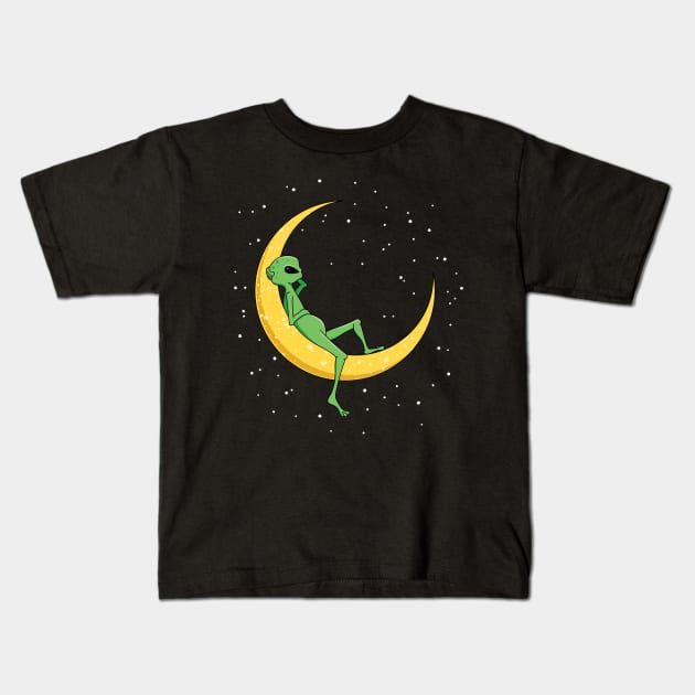 Alien Chilling on Crescent Moon Kids T-Shirt by cottoncanvas